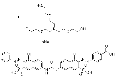 4-[[1-Hydroxy-6-[[[[5-hydroxy-6-(phenylazo)-7-sulfo-2-naphthalenyl]amino]carbonyl]amino]-3-sulfo-2-naphthalenyl]azo]benzoic acid sodium salt compd. with 2,2',2''-[nitrilotris(2,1-ethanediyloxy)]tris[ethanol] molecular structure (CAS 93840-48-3)