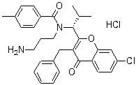 structure of CAS# 940929-33-9, SB 743921;N-(3-Aminopropyl)-N-[(1R)-1-[7-chloro-4-oxo-3-(phenylmethyl)-4H-1-benzopyran-2-yl]-2-methylpropyl]-4-methylbenzamide hydrochloride