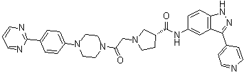 structure of CAS# 942183-80-4, (3R)-1-[2-Oxo-2-[4-[4-(2-pyrimidinyl)phenyl]-1-piperazinyl]ethyl]-N-[3-(4-pyridinyl)-1H-indazol-5-yl]-3-pyrrolidinecarboxamide;SCH772984