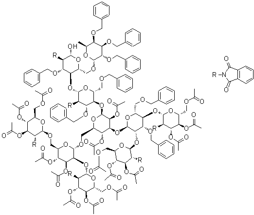 O-3,4,6-Tri-O-acetyl-2-deoxy-2-(1,3-dihydro-1,3-dioxo-2H-isoindol-2-yl)-beta-D-glucopyranosyl-(1→2)-O-[3,4,6-tri-O-acetyl-2-deoxy-2-(1,3-dihydro-1,3-dioxo-2H-isoindol-2-yl)-beta-D-glucopyranosyl-(1→4)]-O-3,6-di-O-(phenylmethyl)-alpha-D-mannopyranosyl-(1→3)-O-[O-3,4,6-tri-O-acetyl-2-deoxy-2-(1,3-dihydro-1,3-dioxo-2H-isoindol-2-yl)-beta-D-glucopyranosyl-(1→2)-O-[3,4,6-tri-O-acetyl-2-deoxy-2-(1,3-dihydro-1,3-dioxo-2H-isoindol-2-yl)-beta-D-glucopyranosyl-(1→6)]-3,4-di-O-acetyl-alpha-D-mannopyranosyl-(1→6)]-O-2,4-di-O-acetyl-beta-D-mannopyranosyl-(1→4)-O-2-deoxy-2-(1,3-dihydro-1,3-dioxo-2H-isoindol-2-yl)-3,6-bis-O-(phenylmethyl)-beta-D-glucopyranosyl-(1→4)-O-[6-deoxy-2,3,4-tris-O-(phenylmethyl)-alpha-L-galactopyranosyl-(1→6)]-2-deoxy-2-(1,3-dihydro-1,3-dioxo-2H-isoindol-2-yl)-3-O-(phenylmethyl)-beta-D-glucopyranose molecular structure (CAS 946164-28-9)