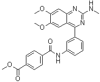 structure of CAS# 947620-48-6, 4-[[[3-[6,7-Dimethoxy-2-(methylamino)-4-quinazolinyl]phenyl]amino]carbonyl]benzoic acid methyl ester;E 6005; N-[3-[6,7-Dimethoxy-2-(methylamino)quinazolin-4-yl]phenyl]terephthalamic acid methyl ester; RVT 501