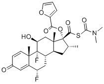 structure of CAS# 948565-92-2, Fluticasone Impurity 14;(6S,8S,9R,10S,11S,13S,14S,16R,17R)-6,9-difluoro-17-((furan-2-carbonyl)oxy)-11-hydroxy-10,13,16-trimethyl-3-oxo-6,7,8,9,10,11,12,13,14,15,16,17-dodecahydro-3H-cyclopenta[a]phenanthrene-17-carboxylic dimethylcarbamic thioanhydride