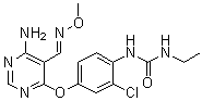 structure of CAS# 951151-97-6, N-[4-[[6-Amino-5-[(methoxyimino)methyl]-4-pyrimidinyl]oxy]-2-chlorophenyl]-N'-ethylurea;JNJ 38158471