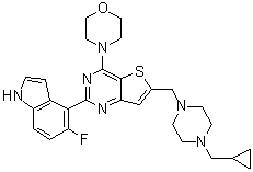 6-[[4-(Cyclopropylmethyl)-1-piperazinyl]methyl]-2-(5-fluoro-1H-indol-4-yl)-4-(4-morpholinyl)-thieno[3,2-d]pyrimidine molecular structure (CAS 955977-50-1)