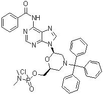 N,N-Dimethylphosphoramidochloridic acid [(2S,6R)-6-[6-(benzoylamino)-9H-purin-9-yl]-4-(triphenylmethyl)-2-morpholinyl]methyl ester molecular structure (CAS 956139-18-7)