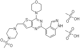 2-(1H-Indazol-4-yl)-6-[[4-(methylsulfonyl)-1-piperazinyl]methyl]-4-(4-morpholinyl)thieno[3,2-d]pyrimidine methanesulfonate (1:2) molecular structure (CAS 957054-33-0)