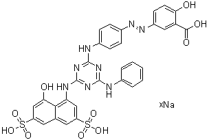 2-Hydroxy-5-[[4-[[4-[(8-hydroxy-3,6-disulfo-1-naphthalenyl)amino]-6-(phenylamino)-1,3,5-triazin-2-yl]amino]phenyl]azo]benzoic acid sodium salt molecular structure (CAS 95873-70-4)