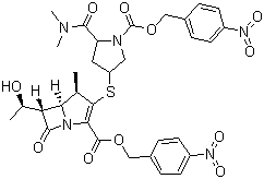 structure of CAS# 96036-02-1, Protected meropenem;4-Nitrobenzyl (5S,6S)-3-[((3S,5S)-5-[(dimethylamino)carbonyl]-1-{[(4-nitrobenzyl)oxy]carbonyl}pyrrolidinyl)sulfanyl]-6-[(1R)-1-hydroxyethyl]-4-methyl-7-oxo-1-azabicyclo[3.2.0]hept-2-ene-2-carboxylate