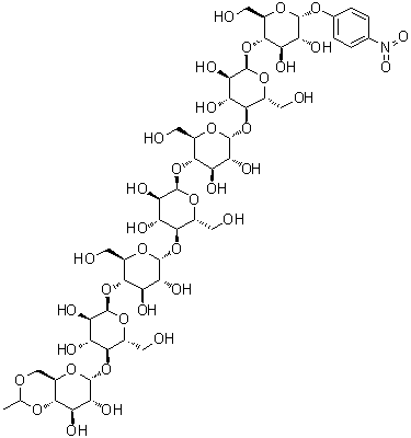 structure of CAS# 96597-16-9, Ethylidene-4-nitrophenyl-a-D-Maltoheptaoside;(4aR,6R,7R,8R,8aS)-6-[(2R,3S,4R,5R,6R)-6-[(2R,3S,4R,5R,6R)-6-[(2R,3S,4R,5R,6R)-6-[(2R,3S,4R,5R,6R)-6-[(2R,3S,4R,5R,6R)-6-[(2R,3S,4R,5R,6R)-4,5-dihydroxy-2-(hydroxymethyl)-6-(4-nitrophenoxy)oxan-3-yl]oxy-4,5-dihydroxy-2-(hydroxymethyl)oxan-3-yl]oxy-4,5-dihydroxy-2-(hydroxymethyl)oxan-3-yl]oxy-4,5-dihydroxy-2-(hydroxymethyl)oxan-3-yl]oxy-4,5-dihydroxy-2-(hydroxymethyl)oxan-3-yl]oxy-4,5-dihydroxy-2-(hydroxymethyl)oxan-3-yl]oxy-2-methyl-4,4a,6,7,8,8a-hexahydropyrano[3,2-d][1,3]dioxine-7,8-diol