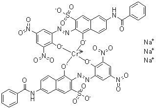 7-(Benzoylamino)-4-hydroxy-3-[(2-hydroxy-3,5-dinitrophenyl)azo]-2-naphthalenesulfonic acid chromium complex trisodium salt molecular structure (CAS 97338-25-5)