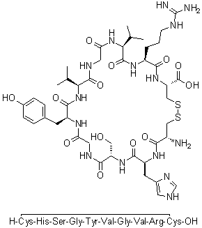 L-Cysteinyl-L-histidyl-L-serylglycyl-L-tyrosyl-L-valylglycyl-L-valyl-L-arginyl-L-cysteine cyclic (1→10)-disulfide molecular structure (CAS 97474-88-9)