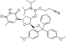 5'-Dimethoxytrityl-3'-deoxythymidine 2'-[(2-cyanoethyl)-(N,N-diisopropyl)]-phosphoramidite molecular structure (CAS 98796-51-1)