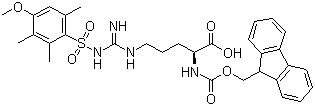 结构式 CAS# 98930-01-9, N-Fmoc-N'-(4-甲氧基-2,3,6-三甲基苯磺酰基)-L-精氨酸; N-芴甲氧羰基-N'-(4-甲氧基-2,3,6-三甲基苯磺酰基)-L-精氨酸