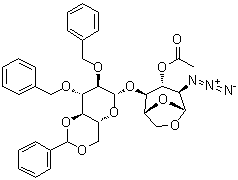 1,6-脱水-2-叠氮基-4-O-[2,3-二-O-(苯基甲基)-4,6-O-(苯基亚甲基)-beta-D-吡喃葡萄糖基]-2-脱氧-beta-D-吡喃葡萄糖 3-乙酸酯分子结构 (CAS 99541-23-8)